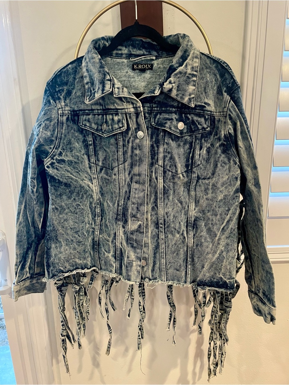 K. Roix Black Acid-Wash Denim Jacket with Fringe Braided Back